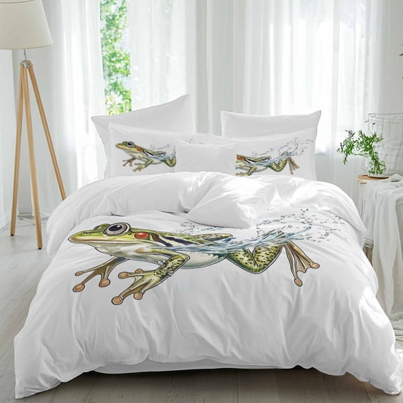 Swimming Frog California King Duvet Cover Set, Vintage Frog 4 Piece Microfiber Bedding Set with Zipper Closure, Bed Sheet and 2 Pillow Shams, Soft Bedding Cover