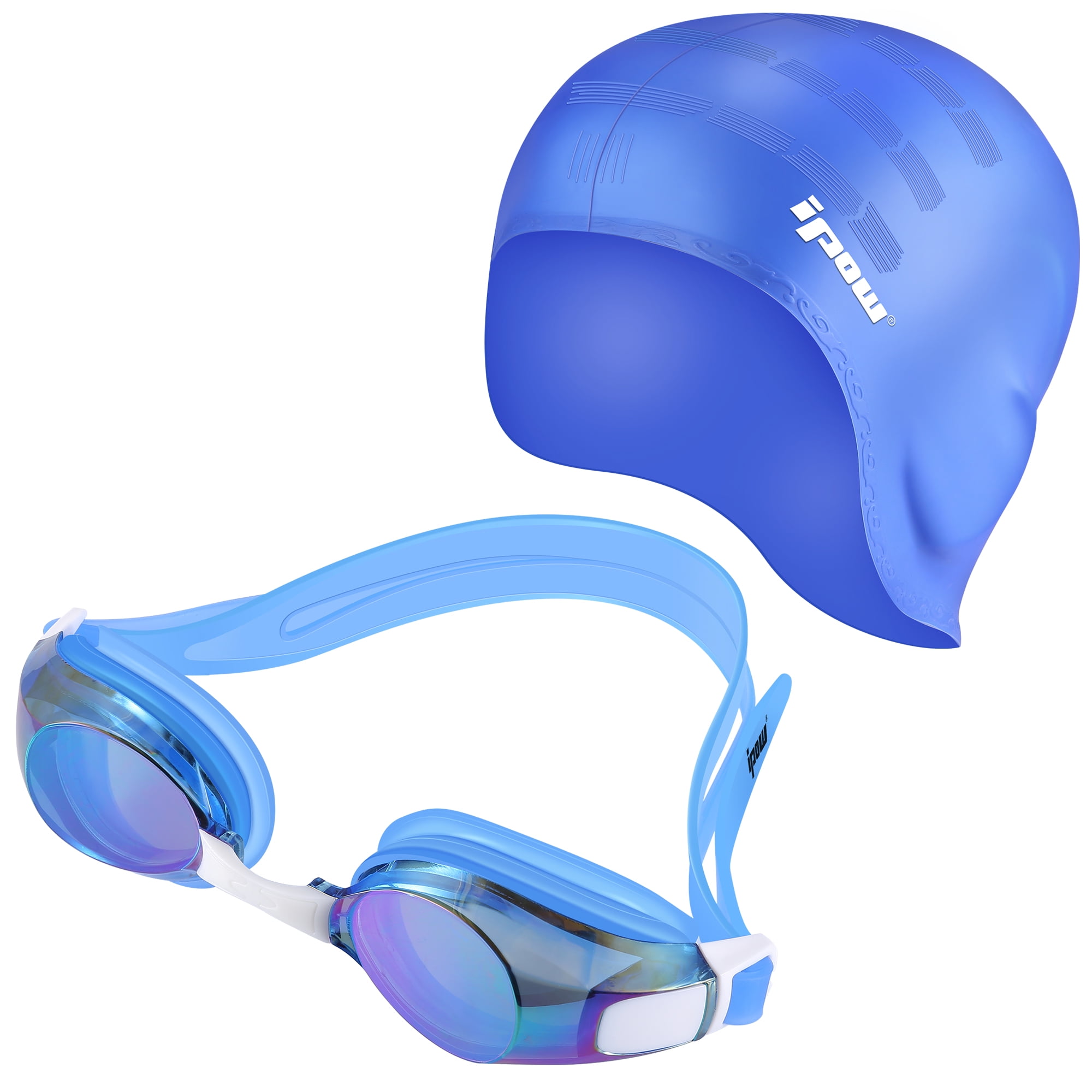 Swimming Goggles & Cap Set, IPOW 100% Silicone Swim Cap Hat with Ear ...