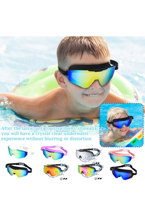 Swimming Goggles, Polarized Swim Goggles Adult, Wide Vision, Mirror Lens, 7 Inch Oversized Black Frame with Silicone Strap, Included Matching Nose Clip and Pair of Earplugs for