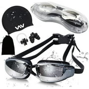 Swimming Goggles Set for Adult Men Women, Polarized Anti-Fog UV Protection Mirrored Swim Goggles with Swinming Cap, Nose Clip, Earplugs, Flannel bag-Black