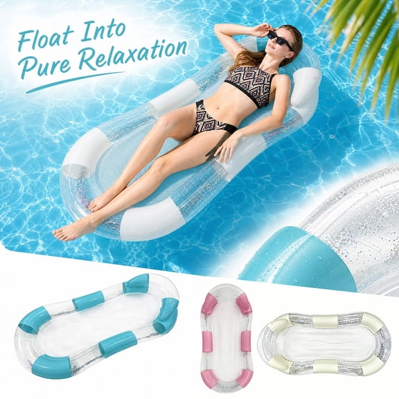 Swimming Inflatable Pool Floats, Portable Mesh Floating Lounger Bed with Transparent Sequins for Adults