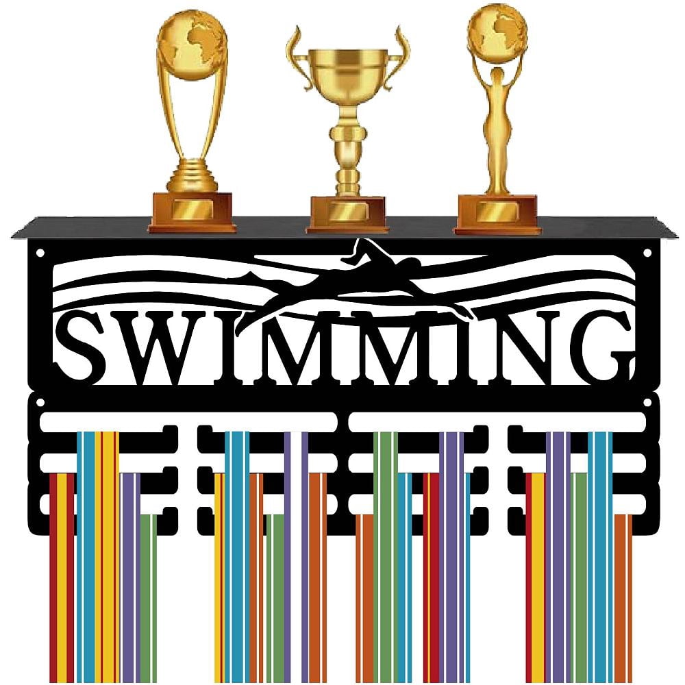 Swimming Medal Display Shelf Trophy Holder Display 3 Row Hold 60+ Medals Iron Rectangle Black Wall Mount Ribbon Award Rack Stand Hanger Home
