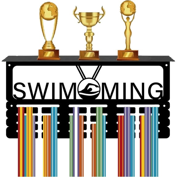 Swimming Medal Hanger Display Trophy Shelf Medal Holder with Shelf Stand Sports 4 Rows Metal Hanging Wall Mount Frame Hold 70+ Medals for Swim Competition Ribbon Medals Rack 15.7x7.9Inch Black