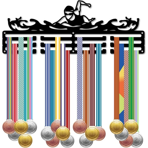 Swimming Medal Holder Display Award Ribbon Hanger with 12 Separate Hooks Sports Iron Medal Rack for Wall Mounted Hanging 60+ Awards Ribbons Organizer Running Race Black 15.7 x 5.9 Inch