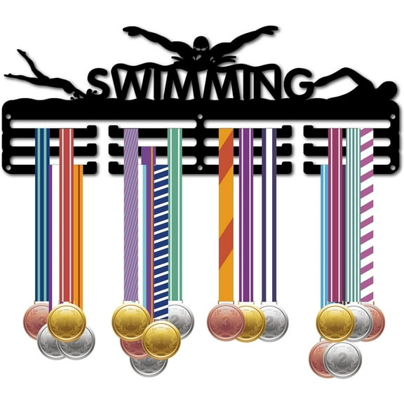 Swimming Medal Holder Display Hanger Medal Wall Mount Frame Shelf Sports Medals Hanger Black Wall Decoration Medal Organizer Rack for Hanging 60 Medals Ribbon Awards Race 15.7 x 6Inch