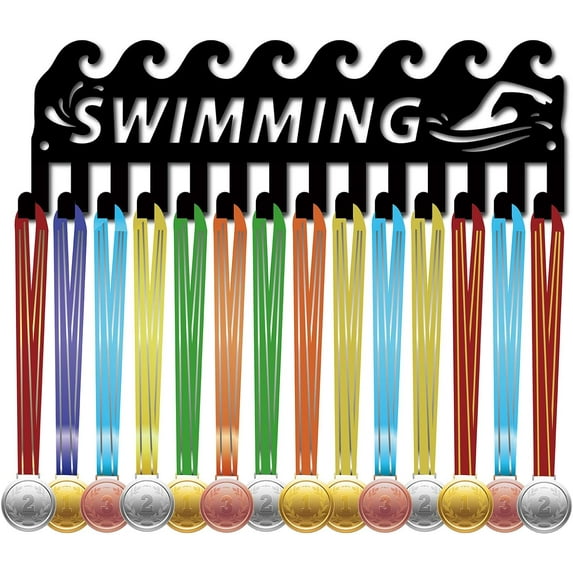 Swimming Medal Holder Medal Hanger Display Rack Frame Sports Hanging Athlete Awards Iron Small Wall Mount Decor with 14 Hooks for Swim Competition Ribbon Lanyard Medals Black 11.4x3.7Inch