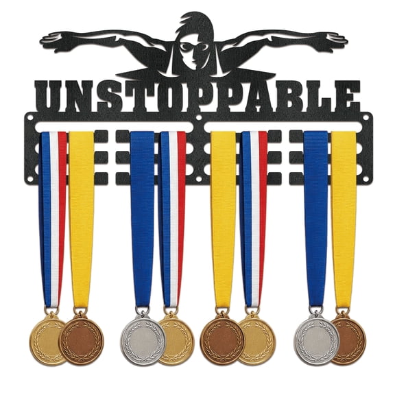 Swimming Medal Holder, Metal Wall-Mounted Sports Medal Display Rack for Swim Competition Awards and Ribbons, Black, 11.4 Inch