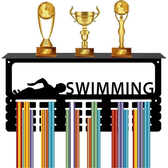 Swimming Medal Holder Trophy Shelf Medal Hanger Display with Shelf Stand Sports 4 Rows Wall Mount Hold 70+ Medals for DIY Women Gymnastics Running Swimming Awards Rack 15.7 x 7.9 Inch