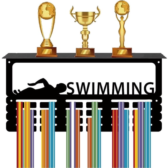 Swimming Medal Holder Trophy Shelf Medal Hanger Display with Shelf Stand Sports 4 Rows Wall Mount Hold 70+ Medals 15.7 x 7.9 Inch