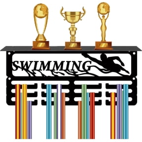 Swimming Medal Holder Trophy Shelf Medal Hangers Display with Shelf Stand Small Sports 4 Rows Wall Mount Hold 70+ Medals