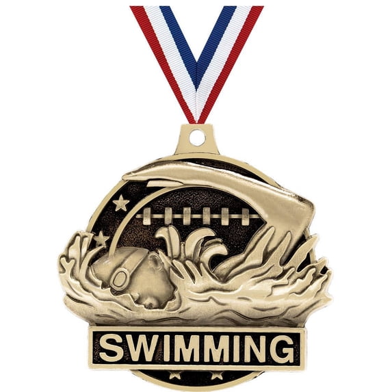 Swimming Medals, 2" Gold Diecast Swimming Medal Award 5 Pack