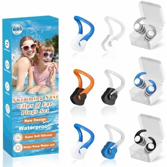 Swimming Nose Clip Ear Plugs - 9 Packs Silicone Swim Nose Plugs with Earplugs for Adult,Waterproof Pool Nose Plug for Diving Surfing and Other Water Sports with Storage Box,Multi-Color