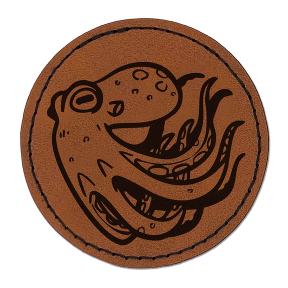 Swimming Octopus Floating Through The Sea Ocean Round Iron-On Engraved Faux Leather Patch Applique - 2.5 Inch - Brown