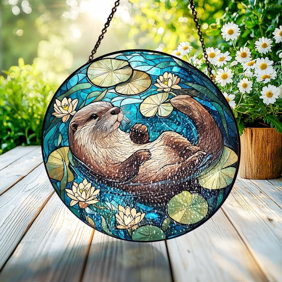 Swimming Otter Stained-Glass Style Suncatcher, Playful Animal Window Décor