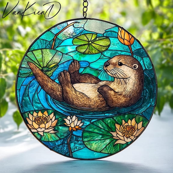 Swimming Otter Stained Glass Suncatcher Window Art Home Decor Funny Animal Gift For Her