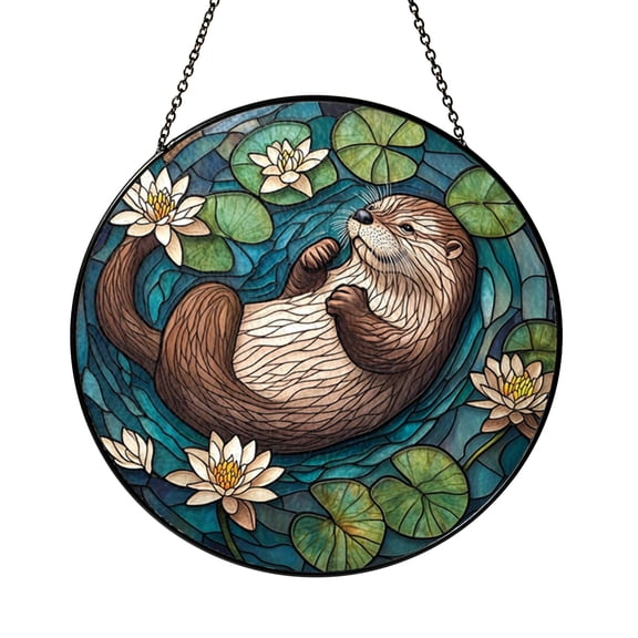 Swimming Otter Stained Glass Suncatcher Window Hanging, Playful Animal Light Catcher Decor, Cheerful Nature Inspired Home Gift