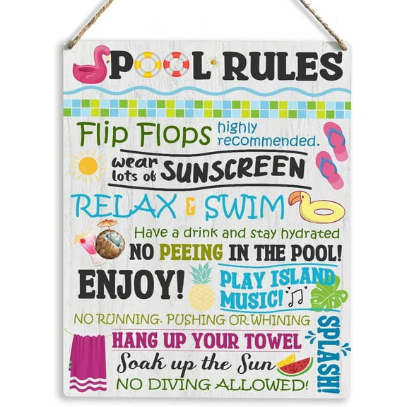 Swimming Pool Artwork Wood Sign Rustic Farmhouse Style Pool Rules Flip Flops Wooden Sign Hanging Plaque 8x10 Inch Summer Home Swimming Pool Decor for Presents