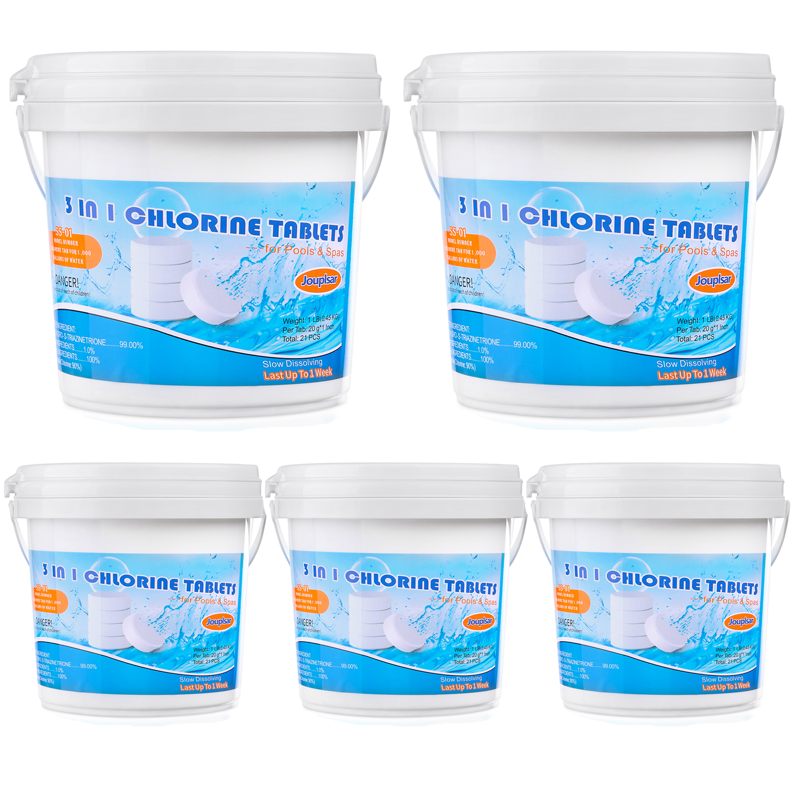 Swimming Pool Chlorine Tablets, 1 Inch 1 LB * 5 Buckets, Long Lasting