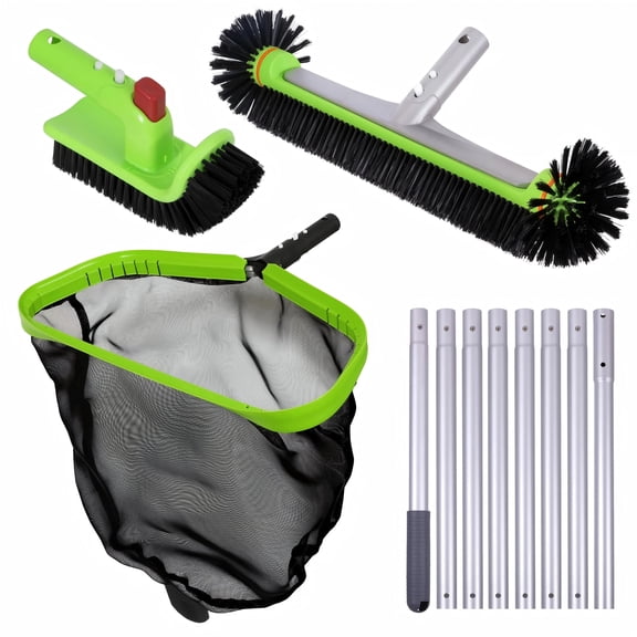 WaterJingle Pool Cleaning Kit 4-Piece with 10.5 ft Pole, Deep-Bag Skimmer Net, 17.5 in Corner Brush, 90 Degree Scrub Brush