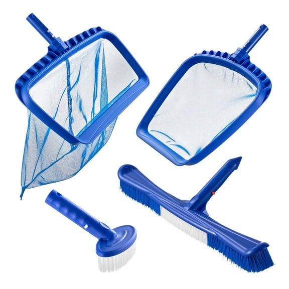 Swimming Pool Cleaning Kit, 4-in-1 Pool Cleaning Tools with 2 Brush Heads & 2 Skimmer Nets for Inground/Above Ground Pools, Leaf & Fine Mesh, No Pole Included