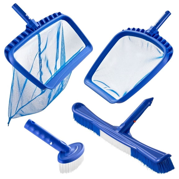 Swimming Pool Cleaning Kit, Includes 2 Detachable Brush Heads (20 Inch/ 5.5 Inch) and 2 Pool Skimmer Nets, 4-in-1 Inground/Above Ground Pools Cleaning Tools Set for Leaf, Fine Mesh, No Poles