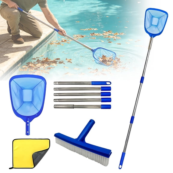 Swimming Pool Cleaning Kit Including Pool Brush Head,Ultra Fine Mesh Pool Leaf Skimmer Net with 3 Section Telescopic Aluminum Pole for Remove Debris and Dirt