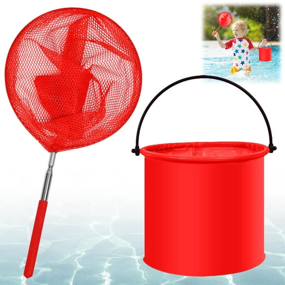 Swimming Pool Cleaning Net, Small Net Bag and Folding Bucket Set, 7.87-33.46" Extendable Fish Tank Cleaning Net Kit, Swimming Pool Leaf Cleaning Tool, Beach Fishing Harvesting Tool