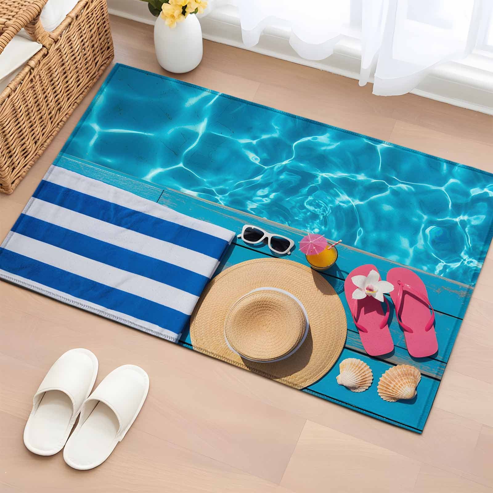 Swimming Pool Entryway Rug 2'x3'&nbsp; Non Slip Front Door Mats, Blue Summer Beach Sea Ocean Entrance Rugs Indoor Outdoor Carpet, Washable Floor Mats Small Area Rug for Bedroom Kitchen