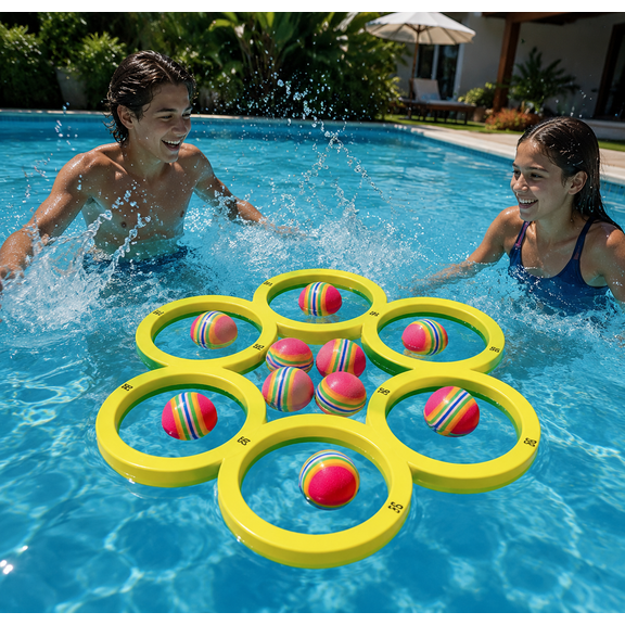 Swimming Pool Games Toys ,Floating Pool Throwing Game Summer Swimming Pool/Beach Toys Accessories with 10 Colorful Tossing Balls & 6 Numbered Target Rings