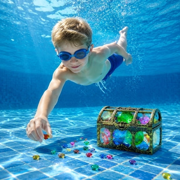 Swimming Pool Games Treasure Hunt Set, Summer Water Activity for Pool Party, Beach Fun Waterproof Games, 60 Diving Gems with Pirate Chest & Cards