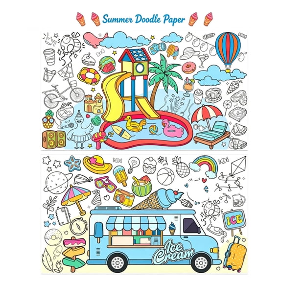 Swimming Pool Hawaiian Graffiti Coloring Poster Summer Pool Ice Cream Party DIY Art Craft Large Format Decor for Poolside Family Activity