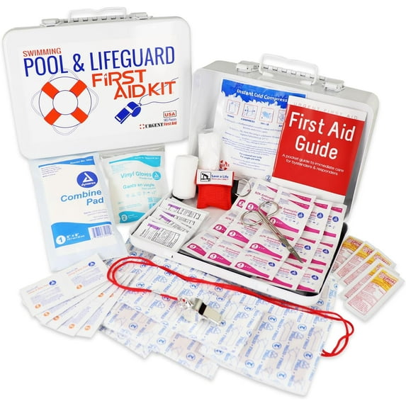Swimming Pool & Lifeguard First Aid Kit - Sturdy Water-Resistant case, Signalling Whistle & More, Home, Office, or Sports - Safe Fun in The Sun Poolside - Made in USA