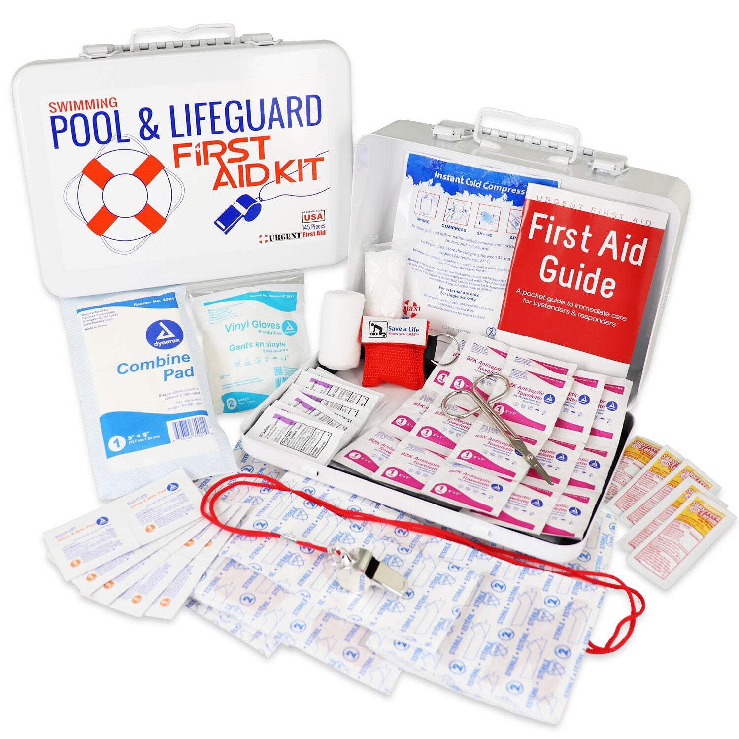 Swimming Pool & Lifeguard First Aid Kit - Sturdy water-resistant case, signalling whistle & more, Home, Office, or Sports - Safe Fun in the Sun Poolside - Made in USA