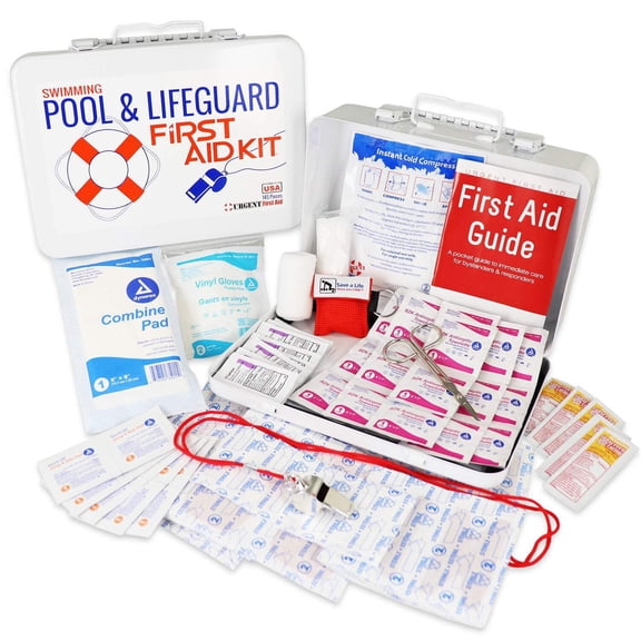Swimming Pool & Lifeguard First Aid Kit - Sturdy water-resistant case, signalling whistle & more, Home, Office, or Sports - Safe Fun in the Sun Poolside - Made in USA