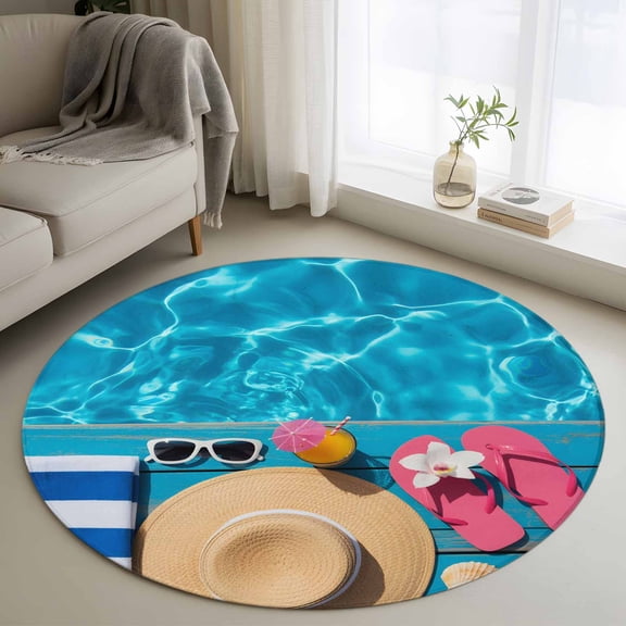 Swimming Pool Round Area Rug 3.3Ft Washable Circle Rugs for Dining Room Table, Blue Summer Beach Sea Ocean Non-Slip Carpet Floor Mats Indoor Outdoor Carpet Runner Aesthetic Home Decor
