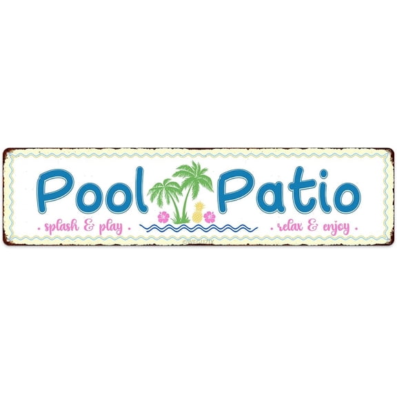 Swimming Pool Rules Metal Sign Retro Flip Flop Zone Wall Art Aluminum Hanging Plaque 4x16 Inch Beige Wavy Edge for Patio Bar and Outdoor Decor