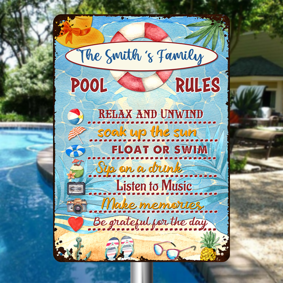 Swimming Pool Rules Summer Poolside Decor, Outdoor Safety Metal Sign, Backyard Water Decor, Size 8x12