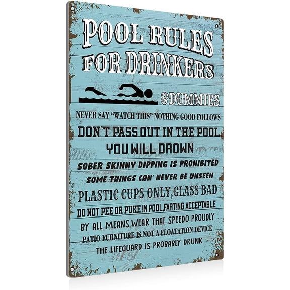 Swimming Pool Rules for Drinkers - Metal Tin Wall Decor, Blue Pool Sign - 8x12 Inch