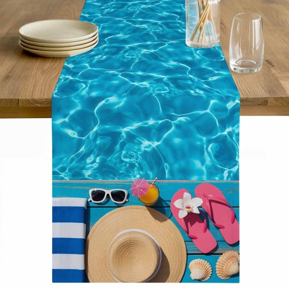 Swimming Pool Table Runner 36 Inches Long Farmhouse Dress Scarves, Blue Summer Beach Sea Ocean Dining Tablerunner for Coffee Table/Kitchen Island/Party Décor, Small 13" x 36"