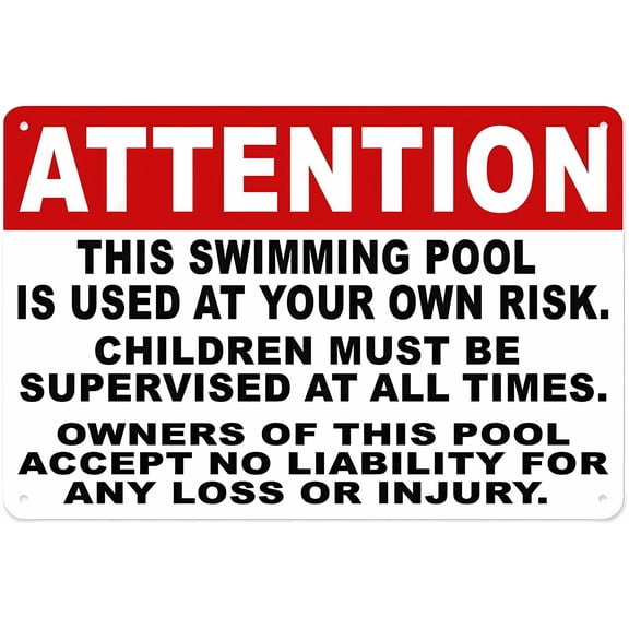 Swimming Pool Used At Your Own Risk Sign - 12×8 Inches, Aluminum Tin Warning, Home Outdoor Garden Pool Area Decor