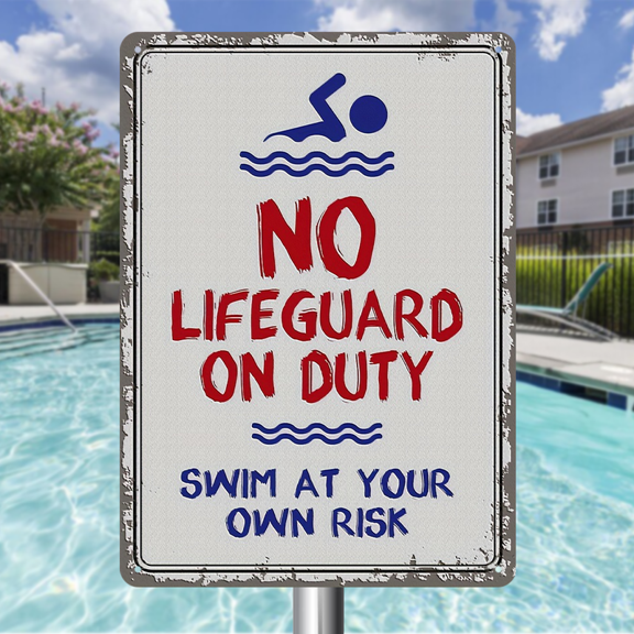Swimming Pool Warning Sign Swim At Your Own Risk, Poolside Safety Decor, Outdoor Water Sign, Size 8x12