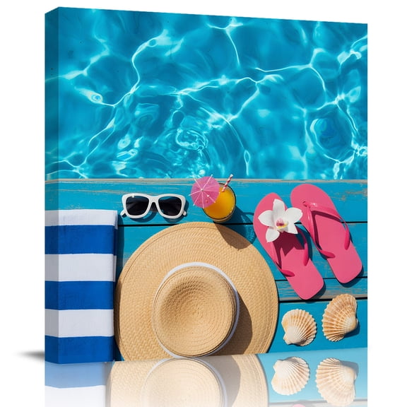 Swimming Pool Water Ripple Canvas Artwork Painting Art, Summer Slippers Sunglasses Blue Square Framed Wall Decorations Prints Picture for Bedroom Kitchen Living Room, 16x16 in