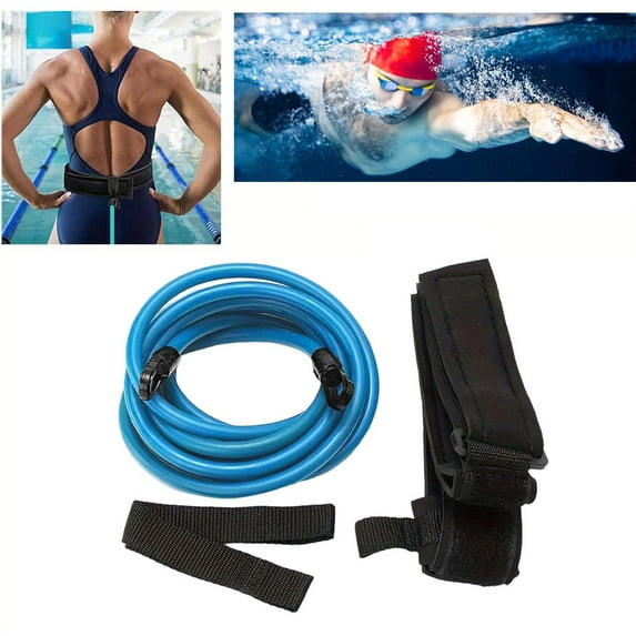 Swimming Resistance Training Belt Set - with Elastic Bands for Strength and Endurance Swim Workout Gear Adults Athletes - Blue