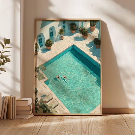 Swimming Retro Beachy Blue Summer Ocean Coastal Dopamine Decor Art Print Unframed Paper Print