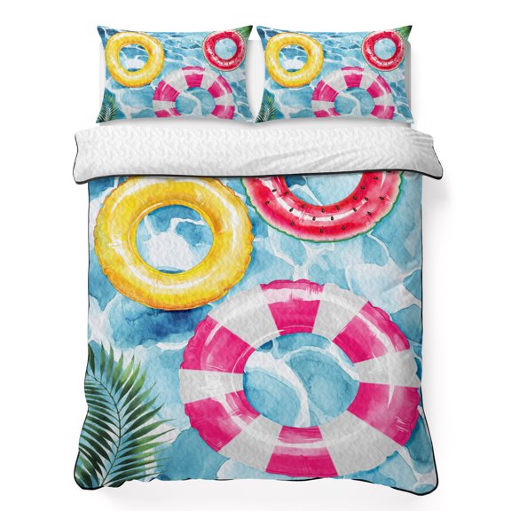 Swimming Ring 3 Piece Quilt Bedding Set with 2 Pillow Shams, Summer Pool Lightweight Bedspread Coverlet, Soft Breathable All Season Quilt, 68 x 86 Inch