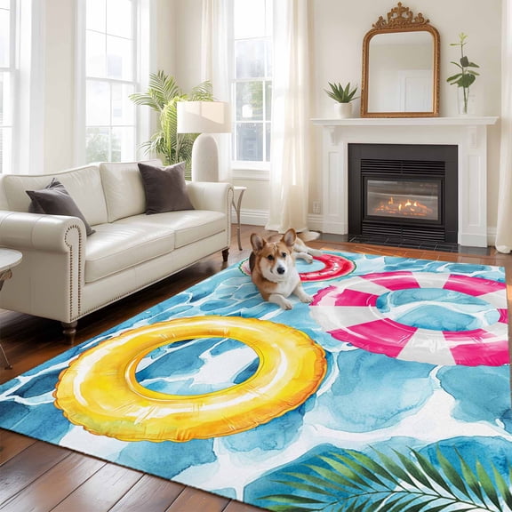 Swimming Ring Area Rugs 5x7 ft Summer Pool Watercolor Palm Leaf Washable Rug Non Slip Indoor Carpet Absorbent Floor Mat for Living Room Bedroom Dining Room