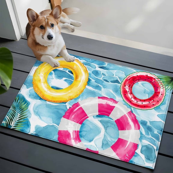Swimming Ring Front Door Rugs 2x3 ft Summer Pool Watercolor Palm Leaf Small Rug for Entryway Non Slip Washable Bathroom Door Mat Absorbent Floor Mat for Indoor Entrance