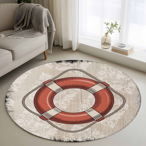 Swimming Ring Nautical Round Area Rug 3Ft Washable Small Circle Rugs for Kitchen Entryway, Coastal Ocean Summer Sea Vintage Art Non-Slip Carpet Floor Mats Indoor Outdoor Carpet Runner Home Decor