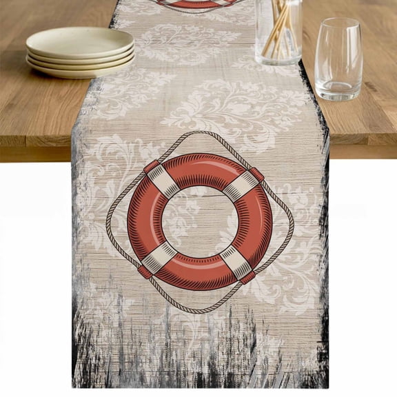 Swimming Ring Nautical Table Runner - 36 Inch Long Coastal Ocean Summer Sea Vintage Art Cotton and Linen Blended Dress Scarves Farmhouse Table Runner for Kitchen Dining, Coffee Table, 13" x 36"