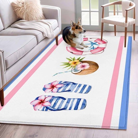 Swimming Ring Washable Area Rugs 2.7'x5', Summer Slippers Coconut Starfish Stripes Low Pile Throw Living Room Rug Non-Slip Sturdy Edge Binding Carpet for Indoor Entryway Bedside Kitchen